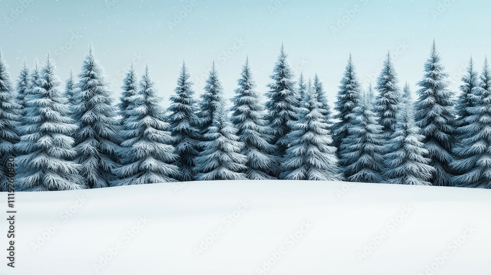 Fototapeta premium Serene Winter Wonderland with Snow-Covered Evergreen Trees under Soft Blue Sky
