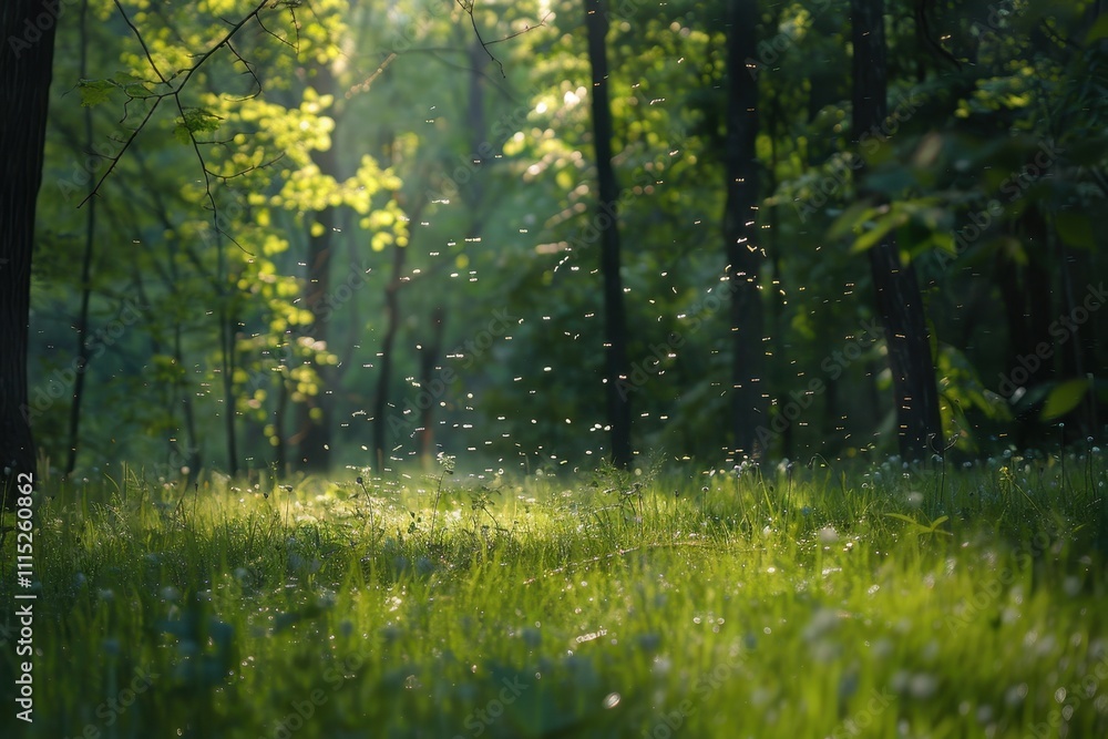 Fototapeta premium A serene forest path illuminated by fireflies at twilight in a lush green woodland setting full of life and tranquility