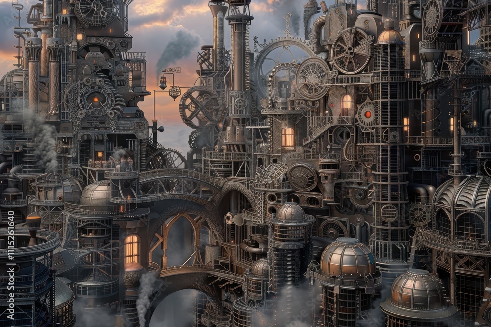 A complex steampunk cityscape featuring intricate gears, pipes, and smokestacks against a twilight sky with glowing lights A complex steampunk cityscape featuring intricate gears, pipes, and smokestacks against a twilight sky with glowing lights