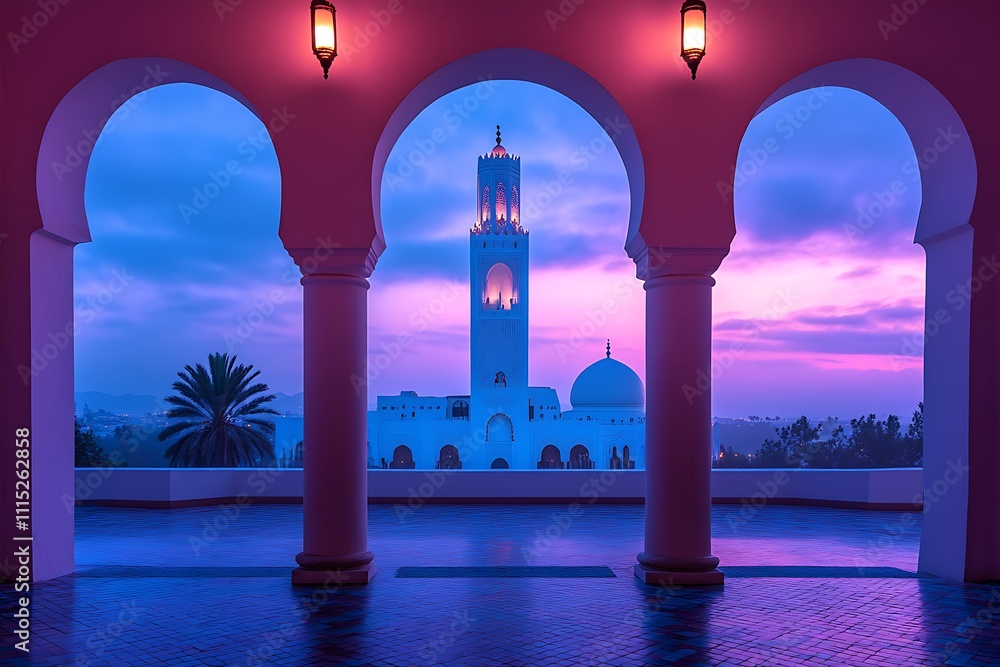 Fototapeta premium Majestic Mosque at Dawn, Architectural Beauty in a Tranquil Setting