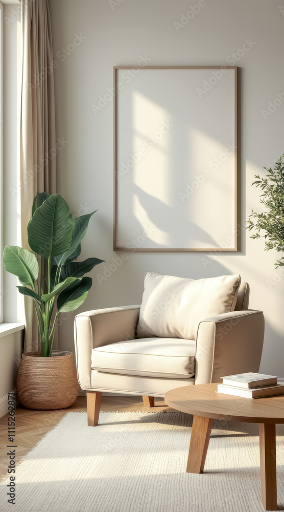 Fototapeta premium beige armchair a sunlit minimalist room