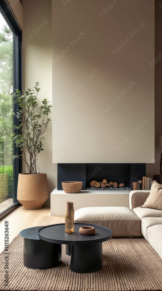 Fototapeta premium modern living room with minimalist fireplace neutral decor