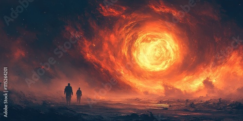Two Figures Witness A Fiery Celestial Vortex In Space