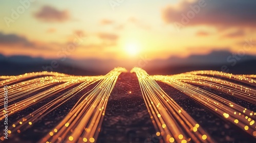 Fiber optic cables stretching into the horizon, glowing in fading light, symbolizing endless connectivity