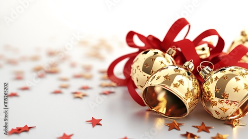 Gold Christmas bells with red ribbon and confetti on white background. Generative ai