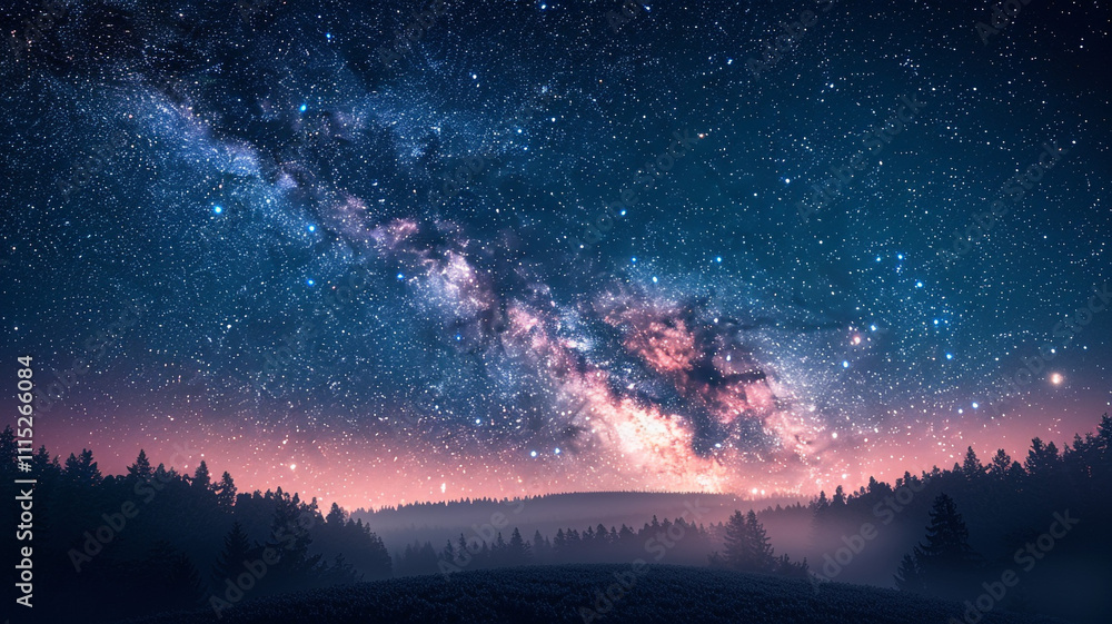 Naklejka premium A stunning panorama of the Milky Way sprawling across the sky, with a tranquil, shadowy forest below and a soft, starry glow illuminating the dark trees