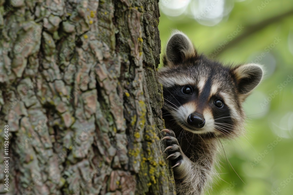 Raccoon peeking from behind a tree trunk in a serene forest during the afternoon sun in early spring Raccoon peeking from behind a tree trunk in a serene forest during the afternoon sun in early spring