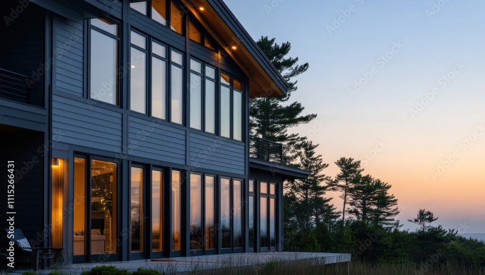 Fototapeta premium Modern Lake House at Sunset: Architectural Design and Tranquil Views