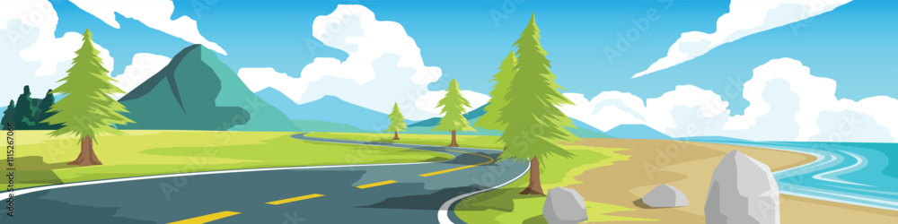 Fototapeta premium Curvy road on the meadow near sand beach. Asphalt road leading to the destination ahead. Green fields surrounded by hills and trees. Vector or Illustration transport and nature background for banner.