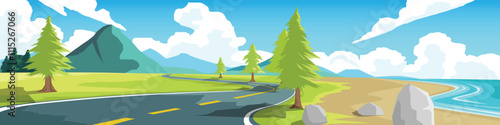 Curvy road on the meadow near sand beach. Asphalt road leading to the destination ahead. Green fields surrounded by hills and trees. Vector or Illustration transport and nature background for banner.