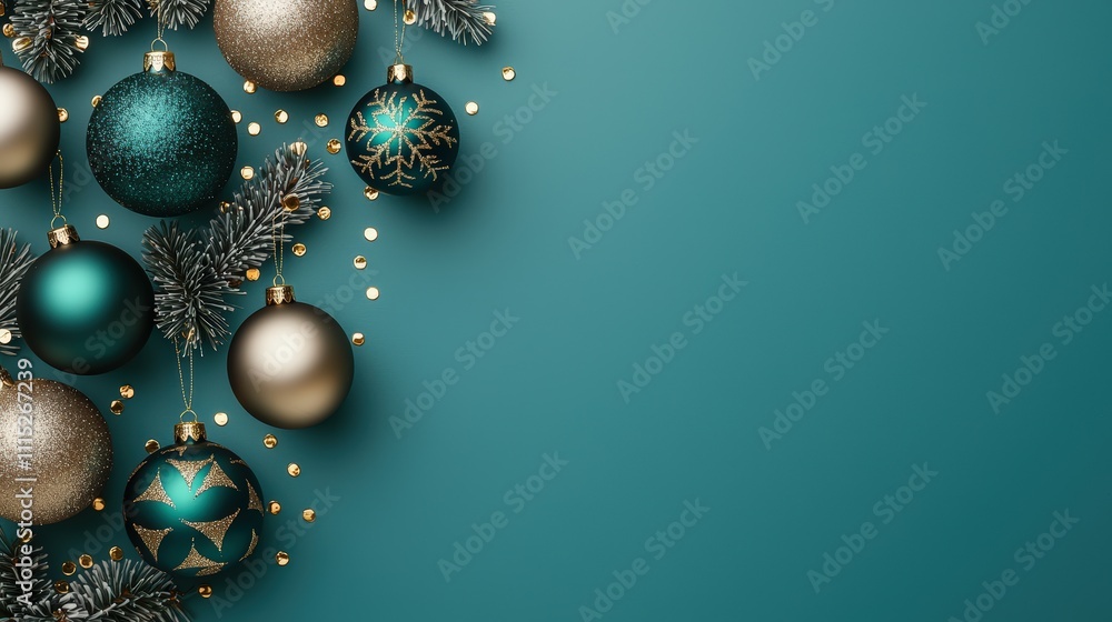 Festive Christmas Ornaments and Greenery on Blue Background for Holiday Celebrations and Decorations Festive Christmas Ornaments and Greenery on Blue Background for Holiday Celebrations and Decorations