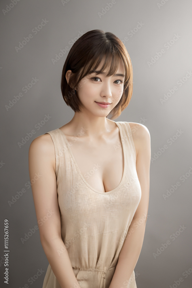 Obraz premium グレーバックに立つタンクトップの女性