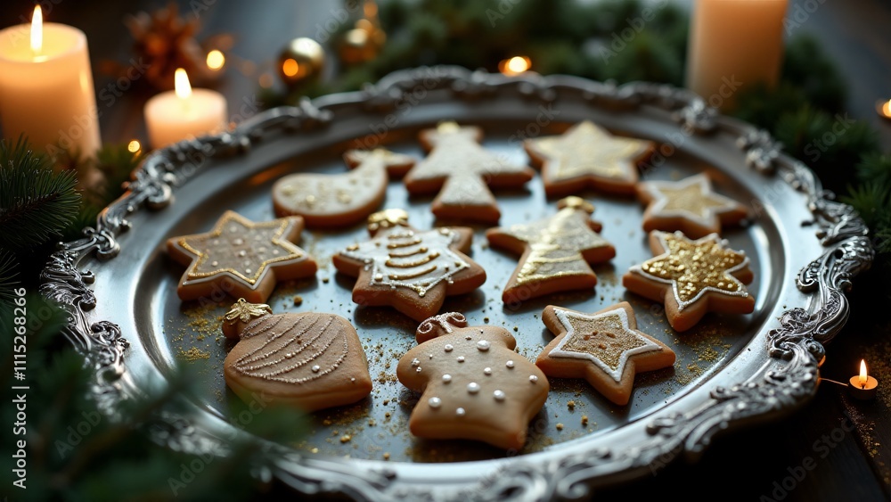 Fototapeta premium Beautifully crafted nutcracker cookies painted with royal icing, resting on a wooden board with scattered nuts, cinnamon sticks, and pine cones for a rustic holiday feel.