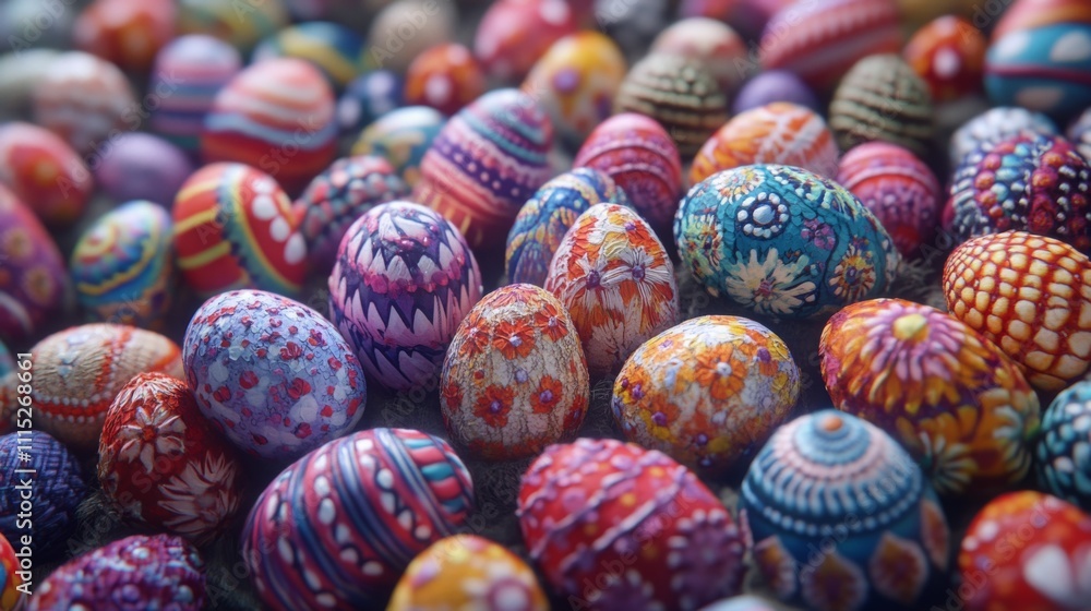 A vibrant collection of decorated Easter eggs tightly arranged to fill the entire image, featuring detailed hand-painted patterns such as stripes, lace motifs, and tiny flowers, with soft lighting A vibrant collection of decorated Easter eggs tightly arranged to fill the entire image, featuring detailed hand-painted patterns such as stripes, lace motifs, and tiny flowers, with soft lighting