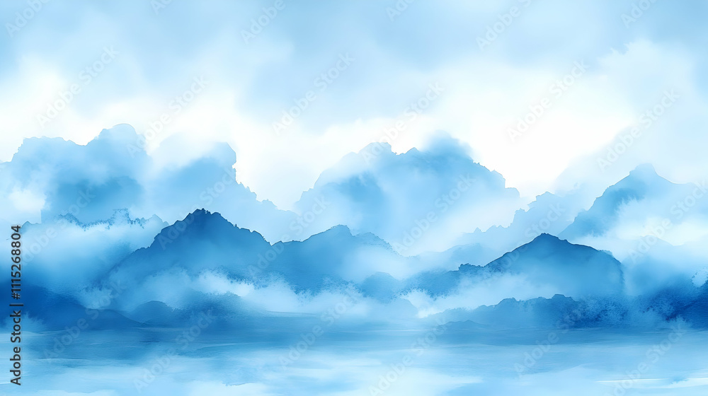 Blue Misty Mountains Watercolor Landscape Painting Blue Misty Mountains Watercolor Landscape Painting