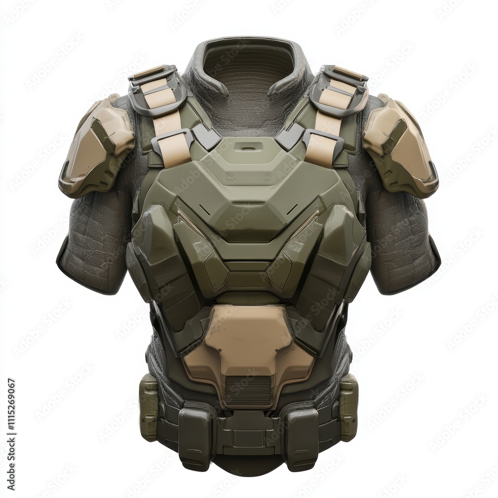 A combat-ready body armor with advanced features, isolated on white background, symbolizing modern protection and technology, ideal for security exhibitions, action-themed artwork A combat-ready body armor with advanced features, isolated on white background, symbolizing modern protection and technology, ideal for security exhibitions, action-themed artwork