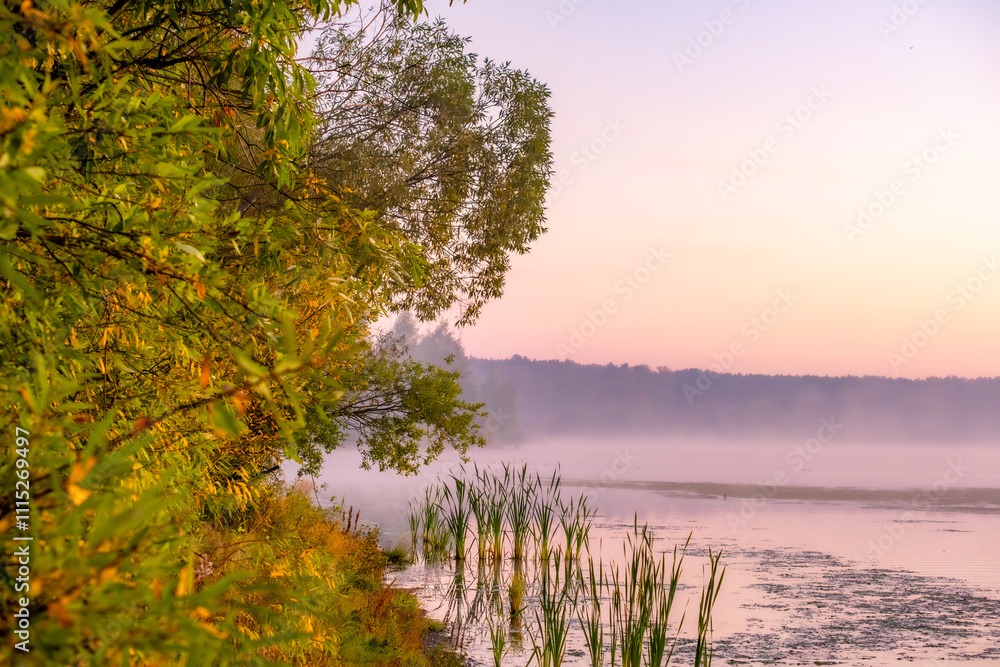 Obraz premium Fog over the lake in the early autumn morning.