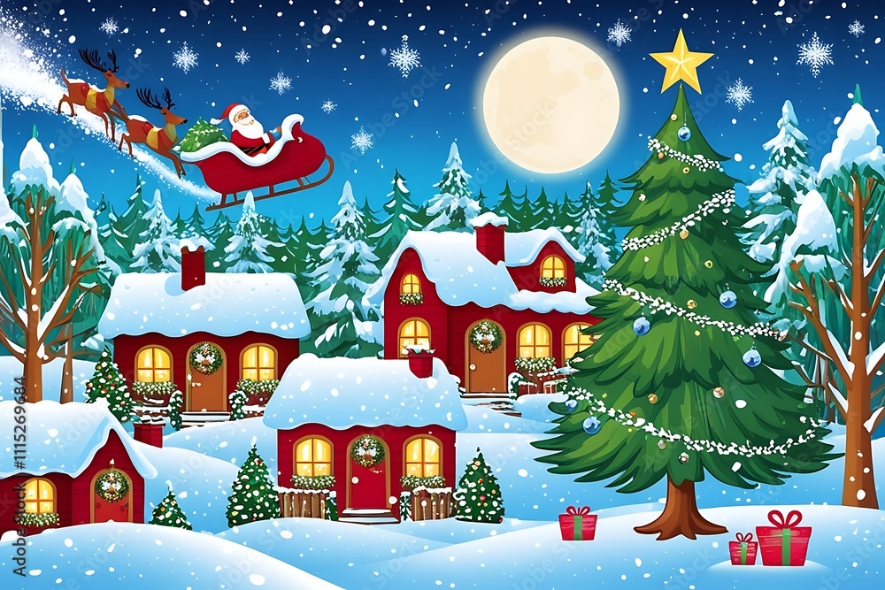 Fototapeta premium Winter snow landscape and houses with Christmas tree. Background with moon and the silhouette of Santa Claus flying on a sleigh