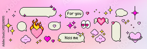 Pixel art dialogue box and retro game style element, heart and star. Speech bubbles in the mood of 90's aesthetics. Vector 8-bit pixelated retro style illustration.
