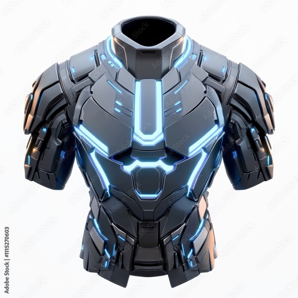 Fototapeta premium A futuristic body armor with glowing LED elements, isolated on white background, representing innovation and advanced technology, ideal for gaming visuals, sci-fi branding, tech-themed storytelling
