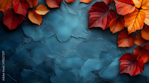 Autumn Leaves on Blue Textu...