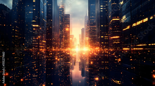 Cityscape with glowing ligh...