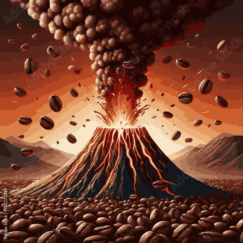 The volcano erupts with lava from coffee beans. Vector illustration of EPS 10.
