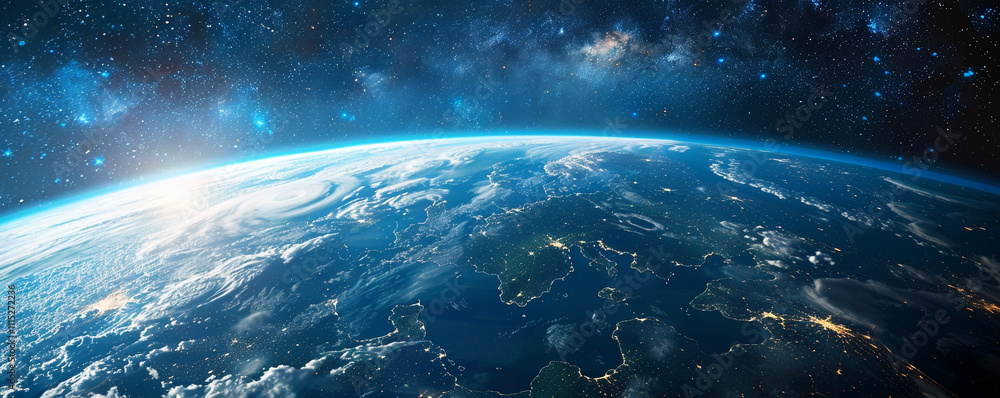 Obraz premium High-definition capture of Earth's hemisphere, showcasing landmasses, oceans, and cloud formations in crisp detail, against the serene, star-filled expanse of space