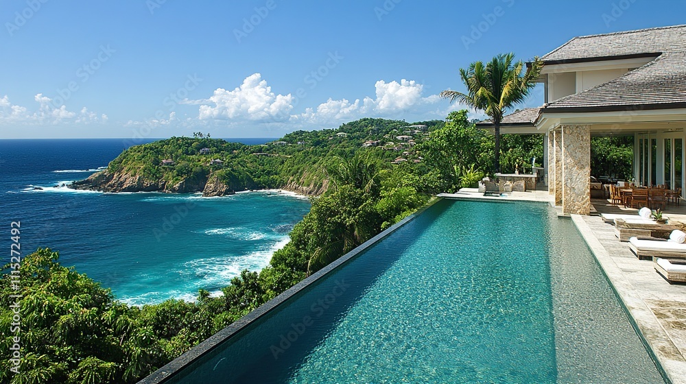 Fototapeta premium Oceanfront luxury villa with infinity pool, stunning coastal view.