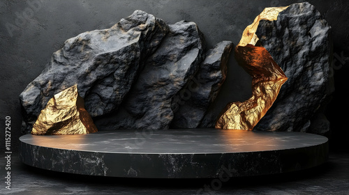 Wallpaper Mural 3D Render Gold and Black Rocks Marble Platform Torontodigital.ca