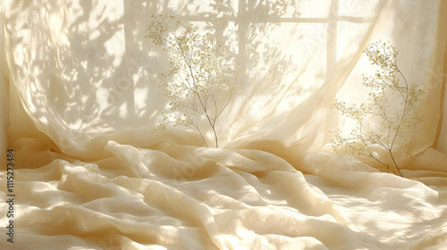Beige Fabric Drapery with D...