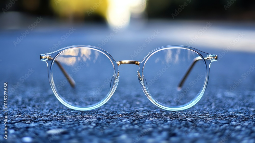 A pair of stylish glasses resting on a textured surface, reflecting light. A pair of stylish glasses resting on a textured surface, reflecting light.