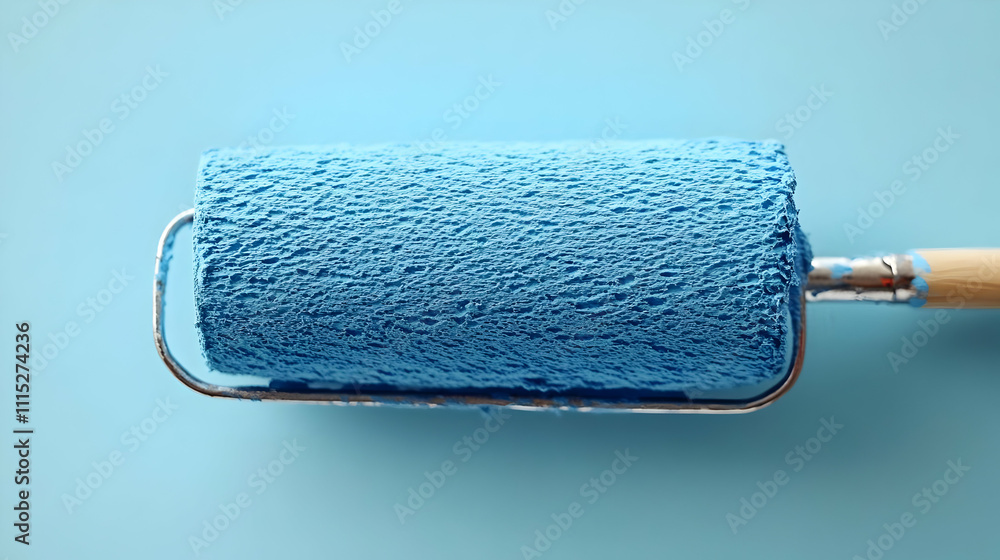 Obraz premium Paint Roller Applying Blue Color on Walls, Home Improvement Project