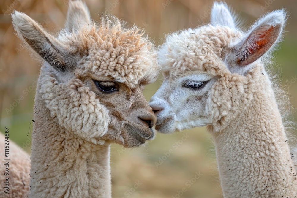 Obraz premium Two adorable alpacas nuzzle affectionately in a serene pasture during a bright sunny day, showcasing their soft, fluffy coats and endearing expressions