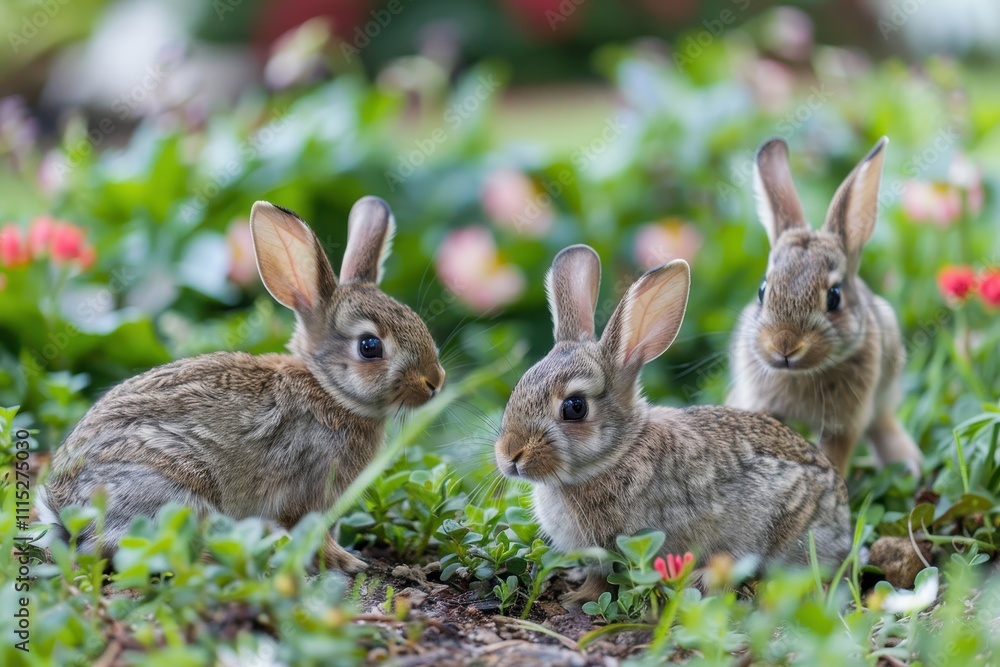 Fototapeta premium Three playful rabbits exploring a lush garden filled with colorful flowers under bright sunlight during a serene spring afternoon