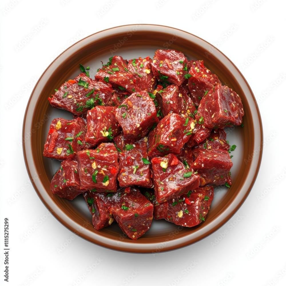 A plate of chili-marinated meat ready for grilling, isolated on white background, highlighting rich marinades and texture, suitable for food photography, recipe books, culinary branding A plate of chili-marinated meat ready for grilling, isolated on white background, highlighting rich marinades and texture, suitable for food photography, recipe books, culinary branding