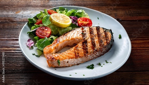 Salmon pepper grilled. Salmon freshly grilled and pepper-crusted Served with panzanella photo