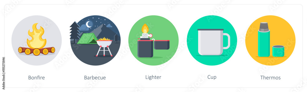 Obraz premium A set of 5 camping icons as bonfire, barbecue, lighter