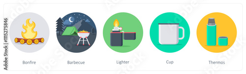 A set of 5 camping icons as bonfire, barbecue, lighter