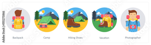 A set of 5 camping icons as backpack, camp, hiking shoes 