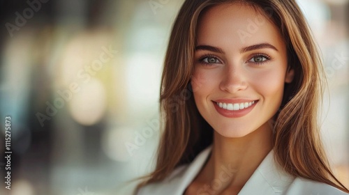 Wallpaper Mural A beautiful young woman in professional attire smiles warmly, exuding confidence and poise in a stylish office setting with soft lighting, emphasizing her vibrant personality and professionalism Torontodigital.ca