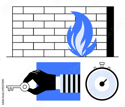 Brick wall with blue flame stopwatch and a hand holding a key. Ideal for security, efficiency, protection, urgency, access, firewall, and time management. Line metaphor