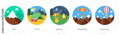 A set of 5 camping icons as hills, camp, bonfire