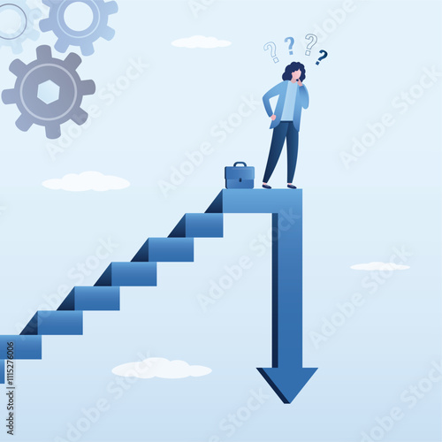Employee with career ending. Financial risk, frustrated businesswoman or investor climb up stair with arrow down on top. Stock market in crisis or bubble burst