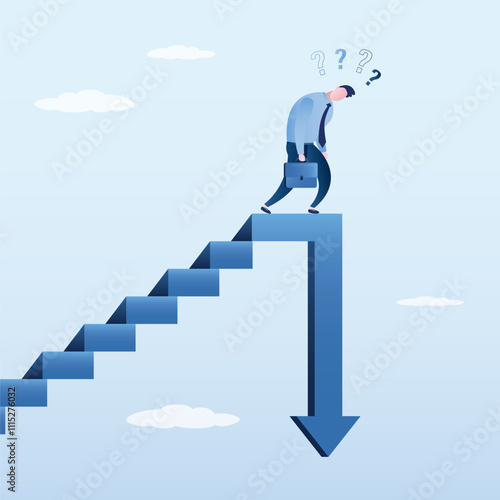 Employee with career ending. Financial risk, frustrated businessman or investor climb up stair with arrow down on top. Stock market in crisis or bubble burst