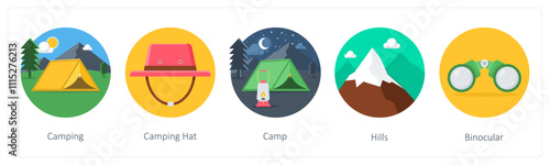 A set of 5 camping icons as camping, camping hat, camp