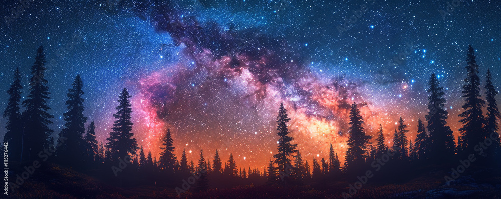 Obraz premium The Milky Way creating a cosmic arc over a quiet, dark forest, with detailed silhouettes of tall, slender trees and the galaxy's brilliant colors contrasting against the deep night