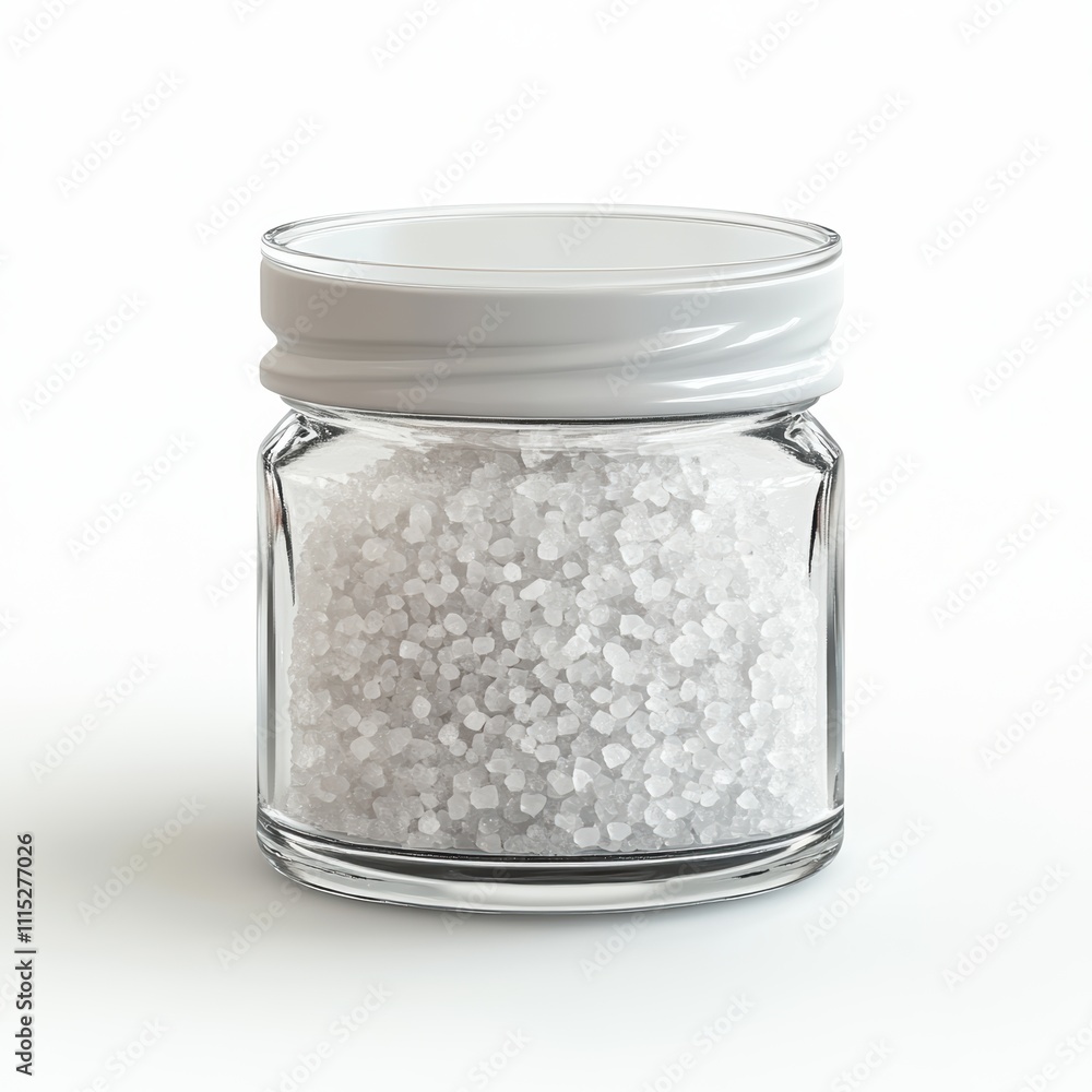 A small glass jar with coarse sea salt crystals, isolated on white background, symbolizing purity and natural flavors, ideal for culinary branding, food photography, health product promotions A small glass jar with coarse sea salt crystals, isolated on white background, symbolizing purity and natural flavors, ideal for culinary branding, food photography, health product promotions