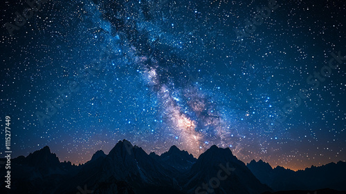 The Milky Way's luminous band stretches across a tranquil mountain range shrouded in darkness at dawn. Silhouetted peaks create a dramatic foreground against the sparkling galaxy