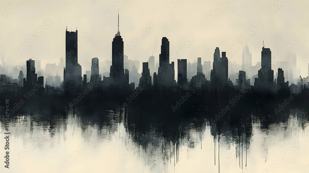 Obraz premium Cityscape Silhouette: Urban Skyline, Buildings, Architecture, Abstract Art, Grunge, Modern, Dark, Shadows, City, Towers, Highrises, Metropolis, Skylines, Urban, Contemporary Art